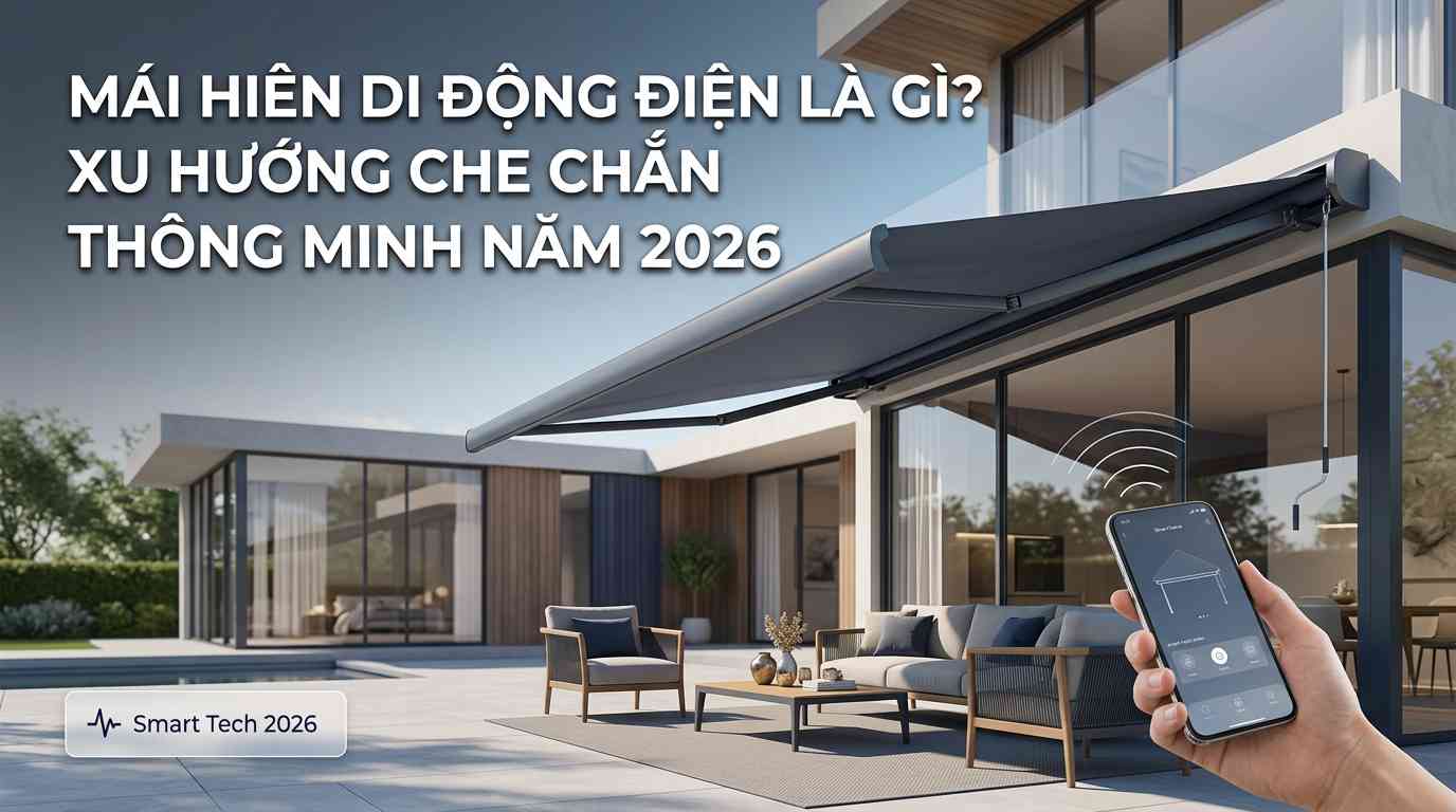 Create a premium Vietnamese editorial article illustration for the topic: "MÁI HIÊN DI ĐỘNG ĐIỆN LÀ GÌ? XU HƯỚNG CHE CHẮN THÔNG MINH NĂM 2026". The layout is a wide 16:9 horizontal banner designed for a high-end architectural magazine. The background features a luxurious modern villa with large glass walls and a minimalist stone patio during a bright, clear day. The main visual is a sleek, charcoal-colored electric retractable awning extending smoothly over an outdoor lounge area with designer furniture. In the lower right foreground, a hand holds a slim smartphone displaying a smart home control interface, subtly indicating the automation. The headline "MÁI HIÊN DI ĐỘNG ĐIỆN LÀ GÌ? XU HƯỚNG CHE CHẮN THÔNG MINH NĂM 2026" is left-aligned in the upper third of the image, using a bold, clean white sans-serif typography with a subtle drop shadow for maximum legibility against the background. A small, translucent floating info box in the bottom left corner contains a "Smart Tech 2026" label with a tiny pulse icon. Subtle vector line graphics representing signal waves connect the smartphone to the awning motor. The color palette is a sophisticated mix of slate grey, navy blue, warm wood accents, and bright natural sunlight. The overall mood is professional, trustworthy, and futuristic. Composition follows the rule of thirds, ensuring the left side has enough negative space for the headline while the right side focuses on the high-tech awning mechanism and architectural beauty. High-resolution, photorealistic style, 8k, sharp focus on fabric texture and aluminum frame.