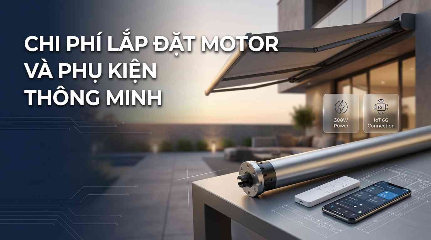 Create a premium Vietnamese editorial article illustration for the topic: "CHI PHÍ LẮP ĐẶT MOTOR VÀ PHỤ KIỆN THÔNG MINH". Layout: Wide horizontal 16:9 aspect ratio, clean and professional editorial composition. Background: A blurred, high-end modern architectural patio with a sleek retractable awning system during a soft golden hour. Main Visual: A sharp, close-up focus on a high-tech tubular motor with a brushed metallic finish, placed next to a minimalist white remote control and a smartphone displaying a smart home dashboard. Info Boxes: Two small, elegant glassmorphism floating boxes on the right side containing subtle technical icons representing "300W Power" and "IoT 6G Connection". Headline Placement and Typography: The headline "CHI PHÍ LẮP ĐẶT MOTOR VÀ PHỤ KIỆN THÔNG MINH" is left-aligned in the upper third, using a bold, modern, clean sans-serif typeface in white with a soft drop shadow. Supporting Graphics: Subtle thin vector circuit lines and light technical blueprint overlays to emphasize engineering precision. Color Palette: Deep navy blue, brushed silver, charcoal grey, and warm amber accents from the ambient lighting. Mood: Sophisticated, technological, trustworthy, and premium. Composition Rules: Rule of thirds, shallow depth of field focusing on the hardware, significant negative space on the left for text clarity, high-end commercial photography style.