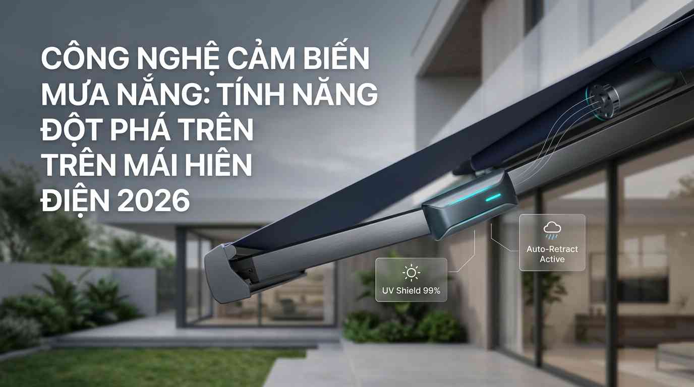 Create a premium Vietnamese editorial article illustration for the topic: "CÔNG NGHỆ CẢM BIẾN MƯA NẮNG: TÍNH NĂNG ĐỘT PHÁ TRÊN MÁI HIÊN ĐIỆN 2026". Layout: Wide horizontal 16:9 aspect ratio, cinematic composition. Background: A blurred, high-end modern villa terrace with minimalist architecture, floor-to-ceiling glass windows, and lush green garden accents during a soft overcast day. Main visual: A close-up, sharp focus on a sleek, dark charcoal electric retractable awning arm featuring an integrated, futuristic smart sensor module with a subtle glowing cyan LED indicator. Headline placement: Left-aligned in the upper-left quadrant, featuring the text "CÔNG NGHỆ CẢM BIẾN MƯA NẮNG: TÍNH NĂNG ĐỘT PHÁ TRÊN MÁI HIÊN ĐIỆN 2026" in a bold, clean white sans-serif typography with generous kerning. Info boxes: Two small, semi-transparent glassmorphism floating UI cards near the sensor; one displaying a minimalist sun icon with "UV Shield 99%" and the other a rain icon with "Auto-Retract Active". Supporting graphics: Subtle, thin white vector lines illustrating the signal path from the sensor to the hidden motor. Color palette: A sophisticated mix of slate grey, brushed aluminum, navy blue, and vibrant cyan accents against a neutral architectural background. Mood: High-tech, trustworthy, premium, and innovative. Composition rules: Rule of thirds, leading lines from the awning frame pointing towards the sensor, shallow depth of field to emphasize the technology, and balanced negative space for a clean editorial look.
