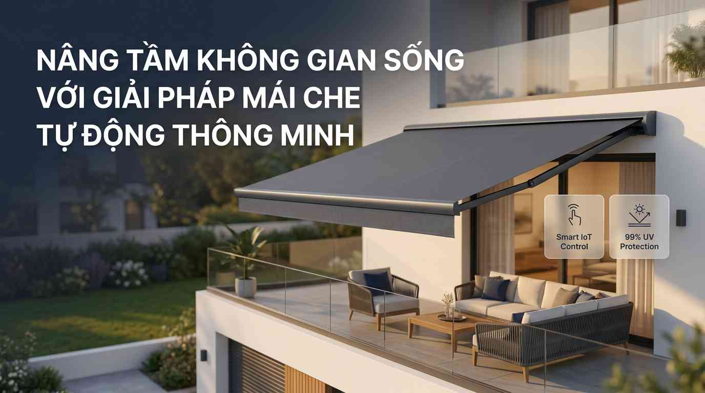 Create a premium Vietnamese editorial article illustration for the topic: "NÂNG TẦM KHÔNG GIAN SỐNG VỚI GIẢI PHÁP MÁI CHE TỰ ĐỘNG THÔNG MINH". Layout: Wide 16:9 horizontal aspect ratio, professional architectural photography style. Background: A luxury modern villa terrace with clean white walls, glass railings, and high-end outdoor furniture during a soft golden hour. Main Visual: A sleek, charcoal grey electric retractable awning fully extended, showing premium fabric texture and a hidden motorized arm system. Headline Placement: Left-aligned in the upper third, using bold, clean white sans-serif typography for the text "NÂNG TẦM KHÔNG GIAN SỐNG VỚI GIẢI PHÁP MÁI CHE TỰ ĐỘNG THÔNG MINH". Info Boxes: Two small, elegant glassmorphism floating boxes on the right side with minimalist icons representing "Smart IoT Control" and "99% UV Protection". Color Palette: A sophisticated mix of navy blue, slate grey, warm oak wood, and soft amber sunlight. Mood: Trustworthy, futuristic, premium, and serene. Composition Rules: Rule of thirds, ample negative space around the headline, sharp focus on the awning texture, and shallow depth of field for the background garden.