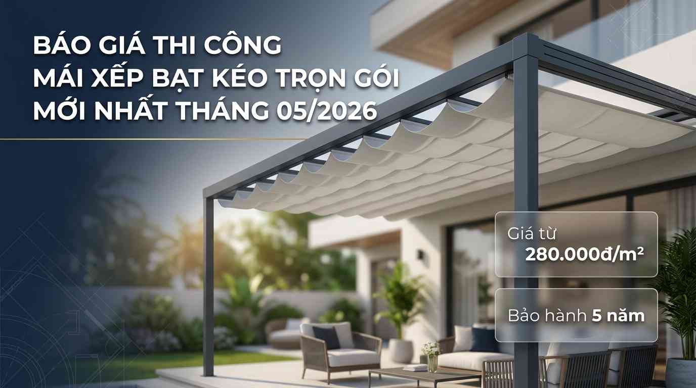 Create a premium Vietnamese editorial article illustration for the topic: "BÁO GIÁ THI CÔNG MÁI XẾP BẠT KÉO TRỌN GÓI MỚI NHẤT THÁNG 05/2026" - Layout/Aspect Ratio: Wide horizontal 16:9 editorial thumbnail banner, optimized for high-end web display.
- Background: A luxurious, sun-drenched modern villa terrace or an upscale outdoor cafe setting with high-end furniture and lush greenery, softly blurred to create a professional bokeh effect.
- Main Visual: A high-quality, cream or light grey retractable wave awning (mái xếp lượn sóng) perfectly installed over the terrace. The fabric shows realistic textures and clean, elegant folds. The supporting structure is a sleek, dark charcoal grey powder-coated steel frame, looking sturdy and premium.
- Info Boxes: Two minimalist floating glassmorphism-style info boxes positioned on the right side. Box one contains the text "Giá từ 280.000đ/m²" and box two contains "Bảo hành 5 năm", using clean and thin typography.
- Headline Placement and Typography: The headline "BÁO GIÁ THI CÔNG MÁI XẾP BẠT KÉO TRỌN GÓI MỚI NHẤT THÁNG 05/2026" is left-aligned in the upper-left quadrant. Use a bold, modern, professional sans-serif typeface in white with a subtle drop shadow for maximum legibility against the background.
- Supporting Line: A thin, elegant horizontal gold or blue line underneath the headline to separate it from the visual content.
- Subtle Vector Support Graphics: Faint, semi-transparent technical blueprint lines or geometric patterns layered subtly in the corner to evoke a sense of professional engineering and construction.
- Color Palette: A sophisticated palette of deep navy blue, slate grey, crisp white, and warm natural sunlight tones, accented by the vibrant green of garden plants.
- Overall Mood: Trustworthy, modern, premium, and highly professional, reflecting a top-tier construction service.
- Important Composition Rules: Follow the rule of thirds, ensuring the awning's perspective lines lead the viewer's eye toward the headline. Maintain significant negative space around the text to ensure a clean, uncluttered editorial look. High-resolution, photorealistic style with soft natural lighting.