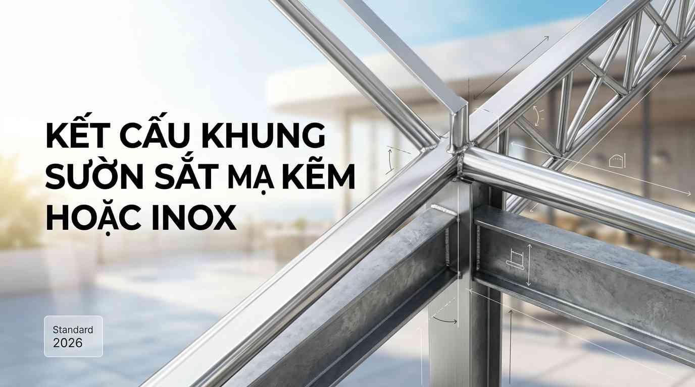 Create a premium Vietnamese editorial article illustration for the topic: "KẾT CẤU KHUNG SƯỜN SẮT MẠ KẼM HOẶC INOX". The layout is a wide 16:9 horizontal editorial banner. The background features a bright, blurred modern architectural terrace of a high-end cafe with soft natural sunlight. The main visual is a sharp, detailed close-up of a sophisticated 4D truss frame system made of polished stainless steel and heavy-duty galvanized iron, showcasing clean welds and professional engineering. On the left side, the headline "KẾT CẤU KHUNG SƯỜN SẮT MẠ KẼM HOẶC INOX" is written in a bold, clean modern sans-serif typography, left-aligned. A small, subtle translucent info box in the corner displays "Standard 2026" in a minimalist font. Subtle vector technical drawing lines and measurement icons are overlaid lightly on the metal structure to emphasize precision. The color palette consists of metallic silver, industrial gray, crisp white, and a hint of sky blue. The overall mood is professional, trustworthy, and durable. Composition follows the rule of thirds with leading lines from the metal beams directing the eye toward the text.