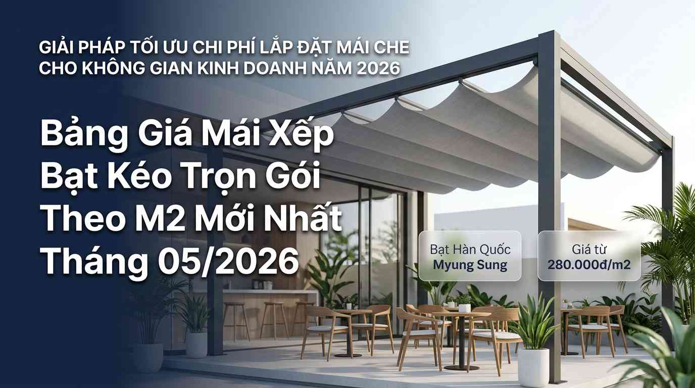 Create a premium Vietnamese editorial article illustration for the topic: "GIẢI PHÁP TỐI ƯU CHI PHÍ LẮP ĐẶT MÁI CHE CHO KHÔNG GIAN KINH DOANH NĂM 2026". Layout: 16:9 wide horizontal editorial banner with a clean and balanced composition. Background: A high-end, modern outdoor cafe terrace with minimalist wooden furniture, lush tropical greenery, and contemporary glass architecture under soft, natural morning sunlight. Main Visual: A sophisticated, large-scale retractable wave-shaped awning (mái xếp lượn sóng) in a premium light grey fabric, supported by a sturdy dark charcoal metallic frame, elegantly shading the seating area. Headline Placement and Typography: The Vietnamese headline "Bảng Giá Mái Xếp Bạt Kéo Trọn Gói Theo M2 Mới Nhất Tháng 05/2026" is positioned on the left-aligned third of the image, using a bold, clean, modern sans-serif typeface in white with a subtle shadow for high legibility against the background. Info Boxes: Two small, elegant floating glass-morphism cards placed subtly on the right side; one displaying "Bạt Hàn Quốc Myung Sung" and the other "Giá từ 280.000đ/m2" in a refined, smaller font. Color Palette: A professional and trustworthy palette of navy blue, warm oak wood tones, crisp white, and slate grey, accented by natural green from plants. Mood: Professional, airy, trustworthy, and premium architectural photography style. Composition Rules: Rule of thirds, wide-angle perspective, shallow depth of field focusing on the awning's texture and the headline, ensuring plenty of clean negative space for a modern editorial feel.